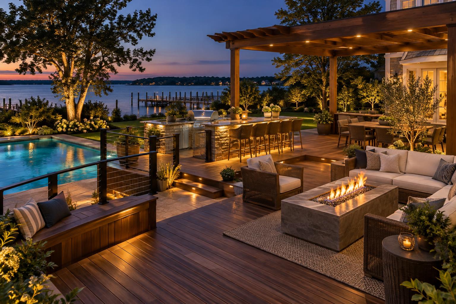 Waterfront multi-level deck with a fire table and outdoor kitchen