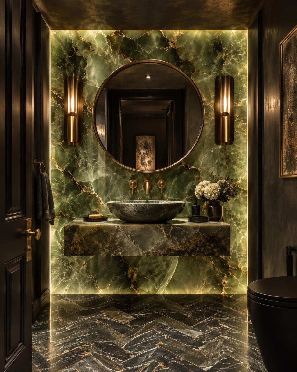 Green onyx powder room with brass fittings
