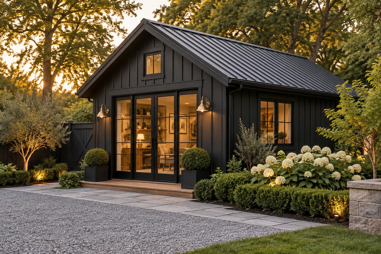 Black board-and-batten backyard shed studio at golden hour
