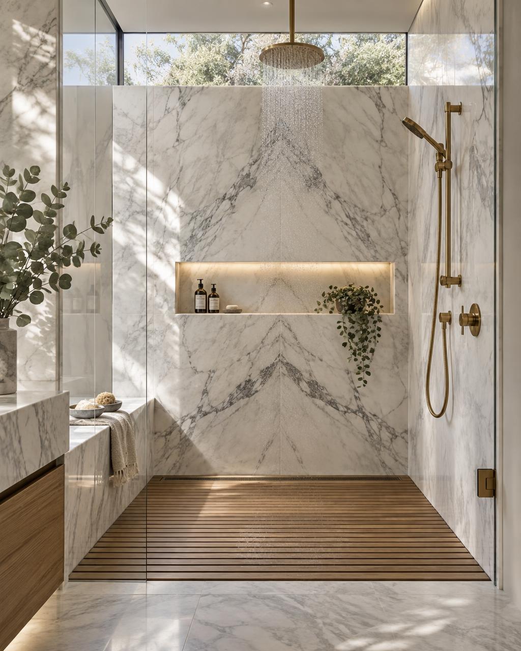 Marble walk-in shower with frameless glass