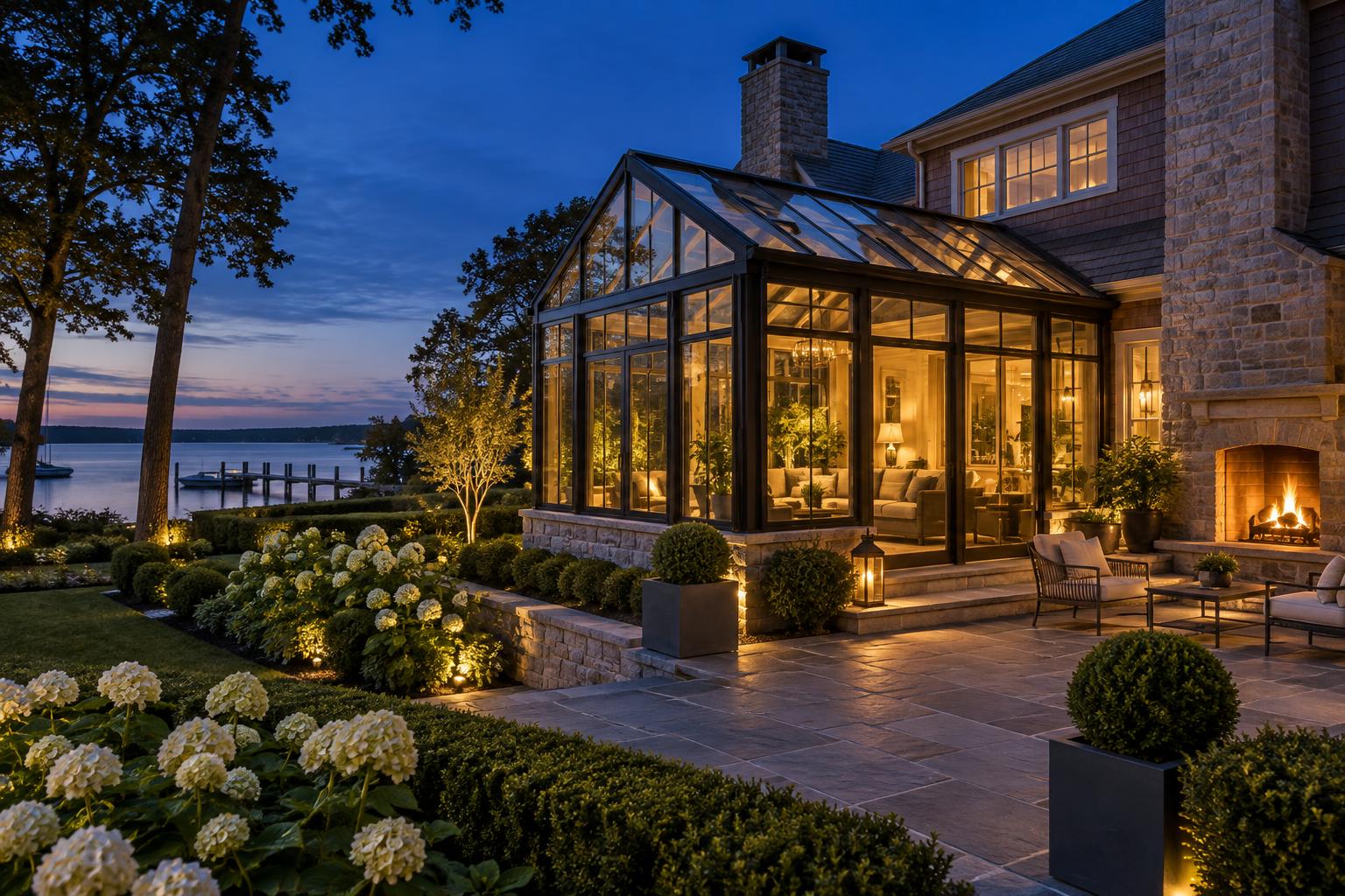 Glowing glass sunroom at blue hour