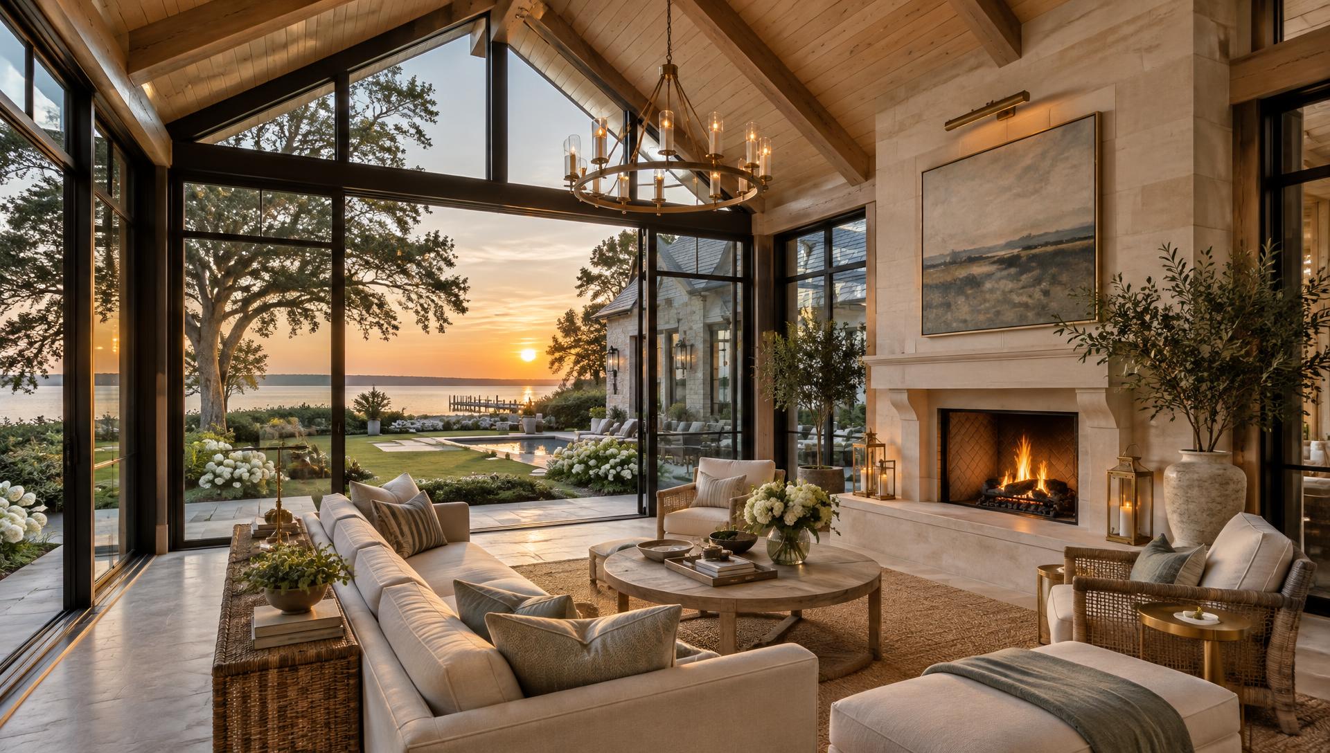 Glass great-room addition on a luxury home at golden hour