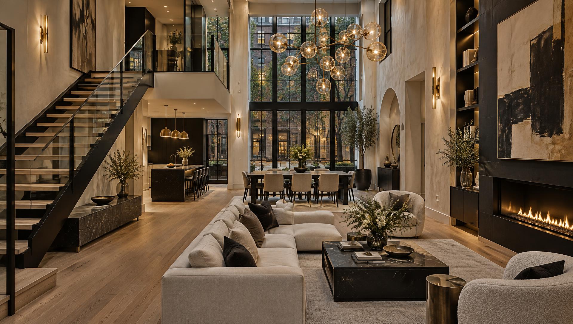 Rebuilt New York style townhouse interior in black and brass